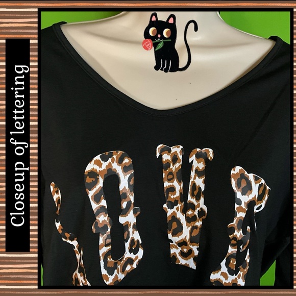 NWT M/8  BLACK KNIT MINIMALIST TOP W CONTRASTING ANIMAL PRINT LOVE GRAPHIC - Picture 5 of 13